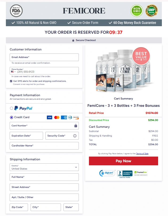 FemiCore checkout page